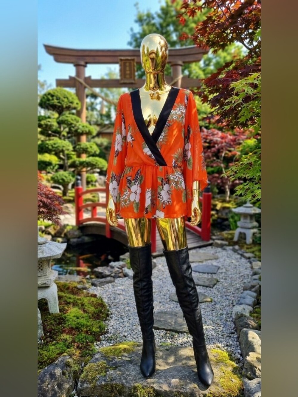Orange Floral Wrap Tunic with Black Trim 🧡